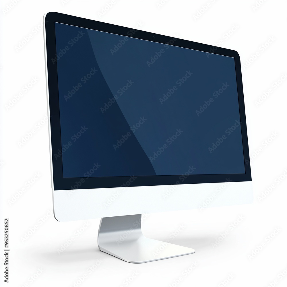 Poster modern desktop computer showing blank screen on white background