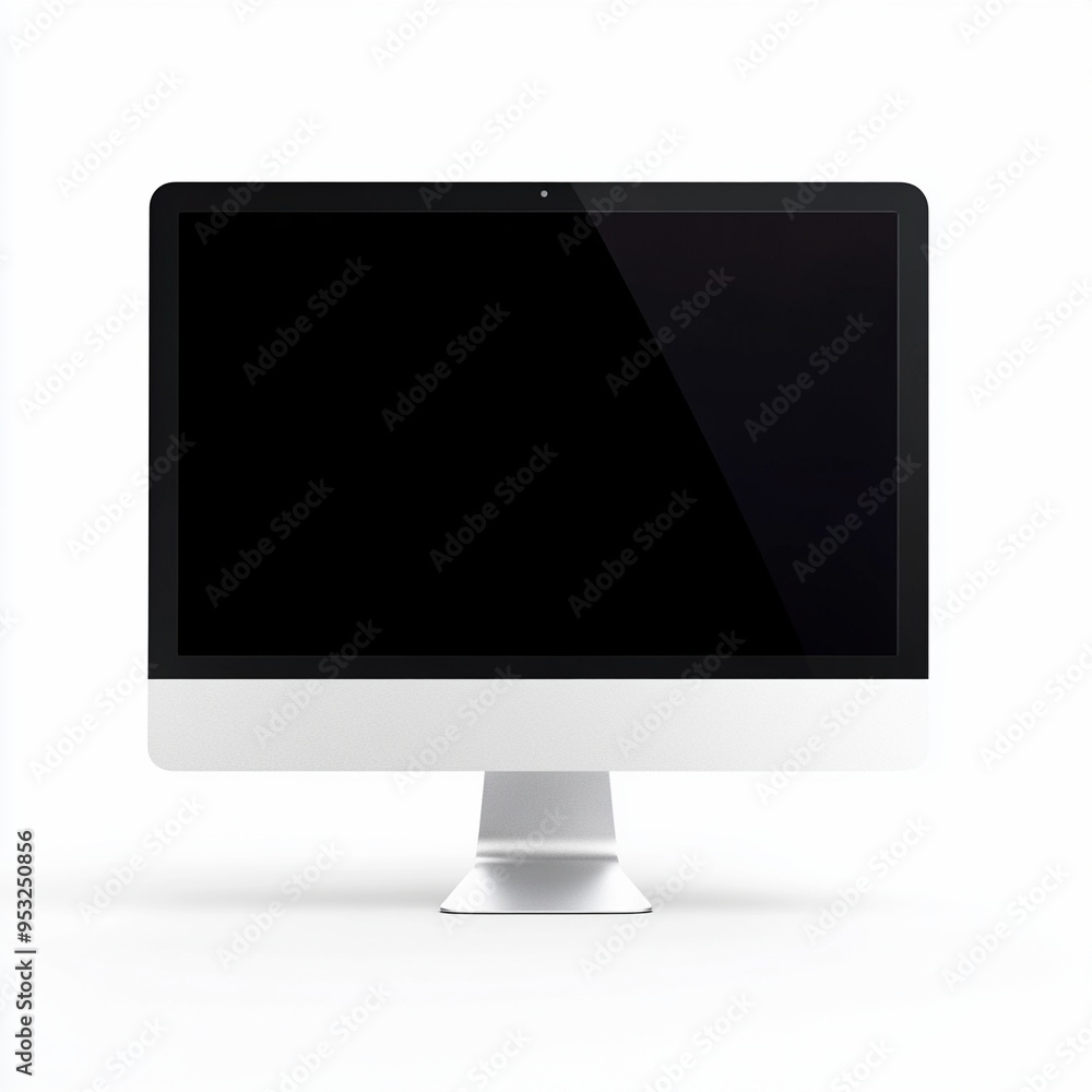 Poster modern desktop computer showing blank screen on white background