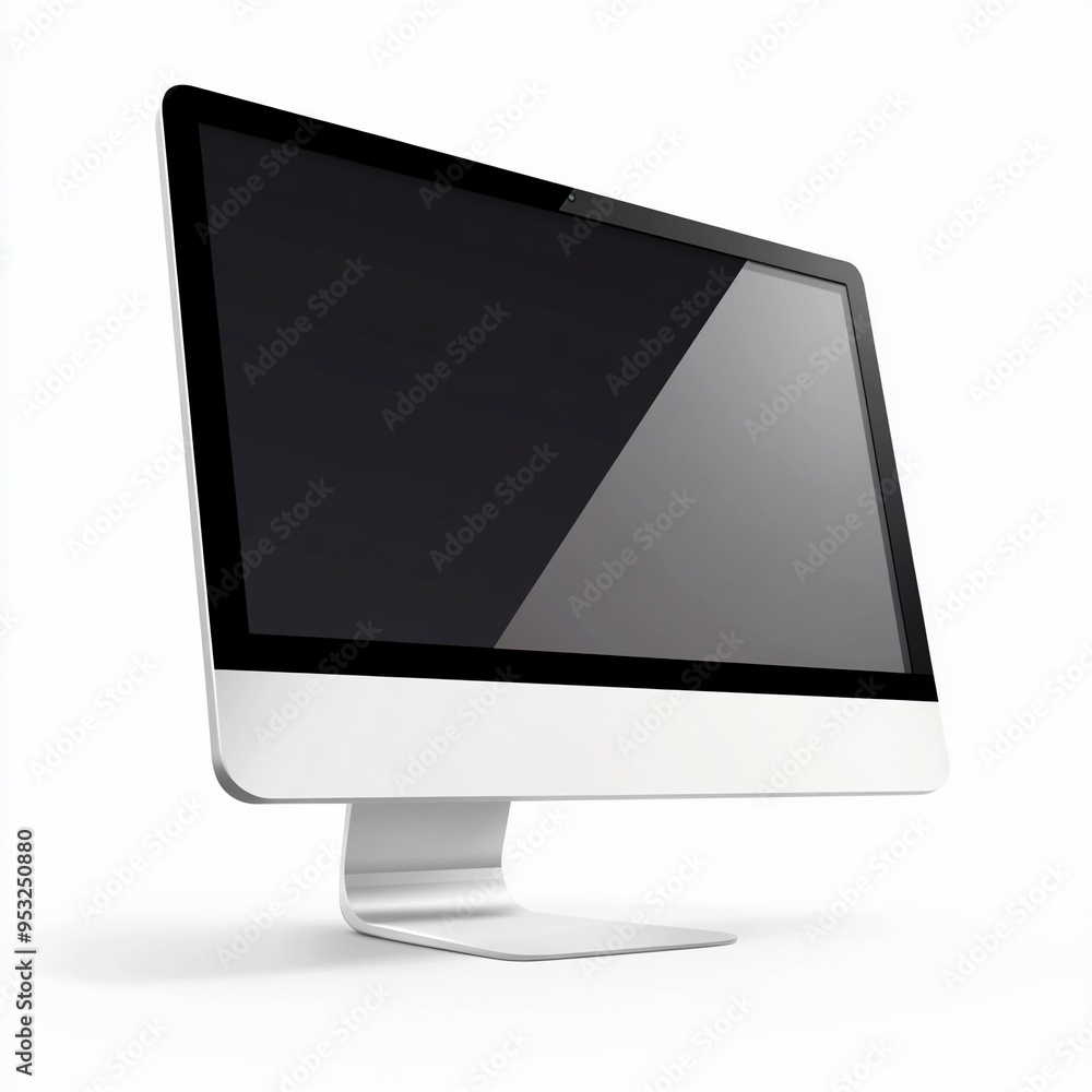 Poster modern desktop computer with a blank screen is standing on a white background