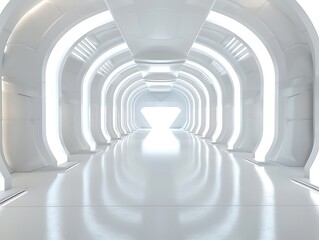 White Background 3D Room Light: Abstract Space Technology Tunnel Stage Floor. Empty White Future 3D Neon Background Studio Futuristic Corridor