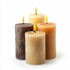 Four candles burning brightly on white background