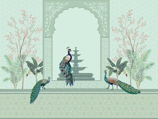 Traditional Mughal decorative wall with plants and peacock, Flowers, Mughal Arch.