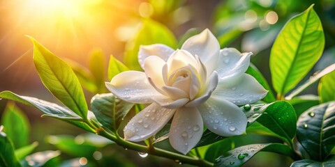Obraz premium Ethereal morning dew droplets glisten on delicate white gardenia petals amidst lush green foliage in soft, golden natural light, exuding serenity and peacefulness.