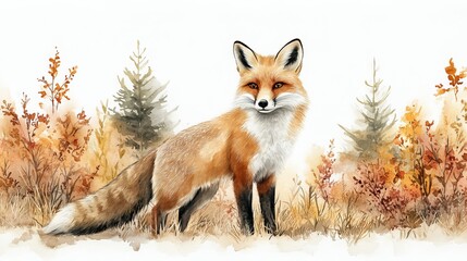 Fototapeta premium Forest Fox Watercolor Illustration: A charming red fox stands proudly in a serene woodland setting, surrounded by lush foliage. The intricate watercolor details bring the scene to life, evoking a sens