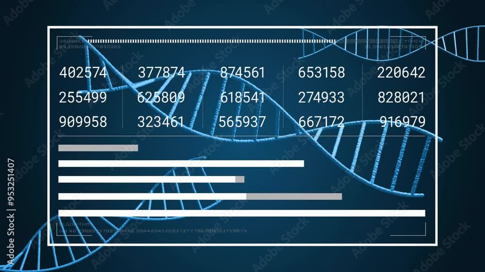 Poster dna strand and numerical data analysis animation over blue background
