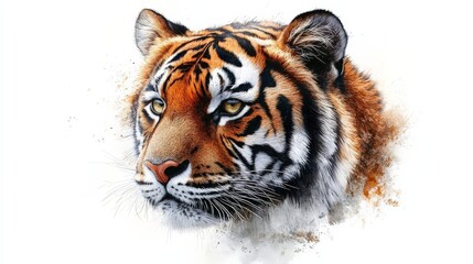 Naklejka premium Tiger Portrait: A majestic Bengal tiger stares intently with piercing yellow eyes, its orange and black stripes highlighted in a captivating watercolor-style portrait. The tiger's powerful presence an