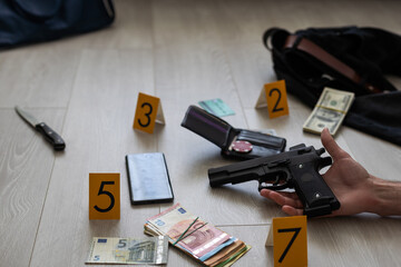 Fototapeta premium Blood splatter on a white background. Domestic violence Killer Murder concept. 