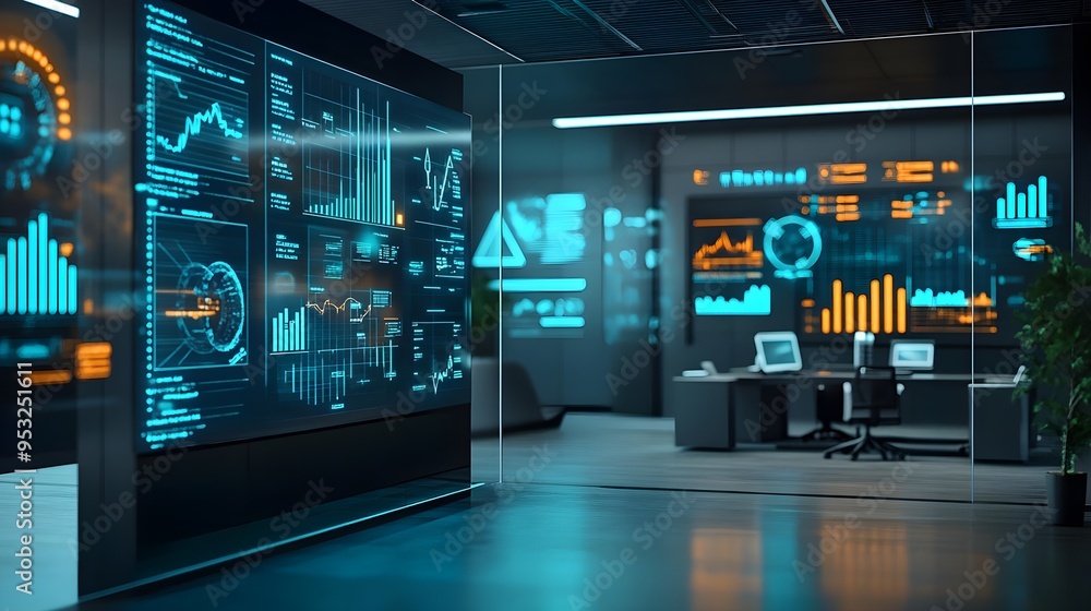 Poster modern office with futuristic data analytics display