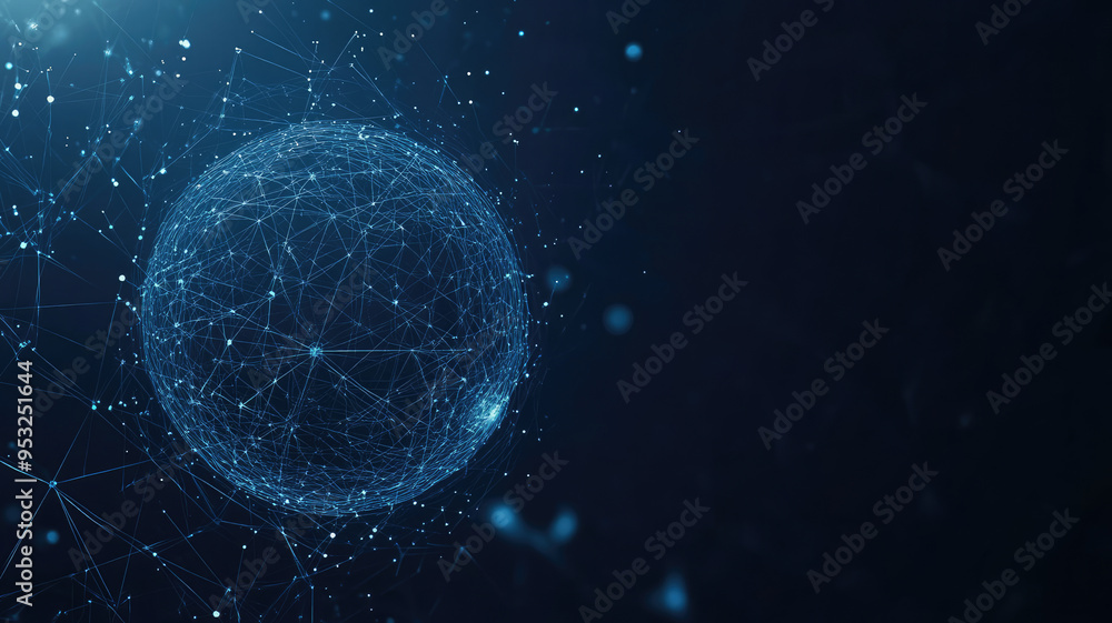 Wall mural dark blue gradient background with a luminous particle sphere, offering a high-tech aesthetic with a