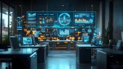 Modern Office with Futuristic Data Display