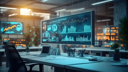 Modern Office with Futuristic Data Display