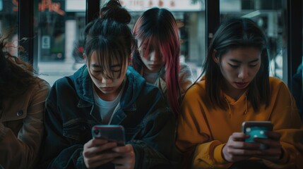 Fototapeta premium Group of women sitting together using their smartphones