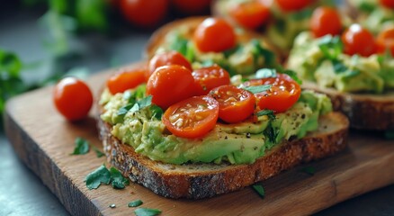 Fresh avocado toast topped with colorful cherry tomatoes on a wooden board