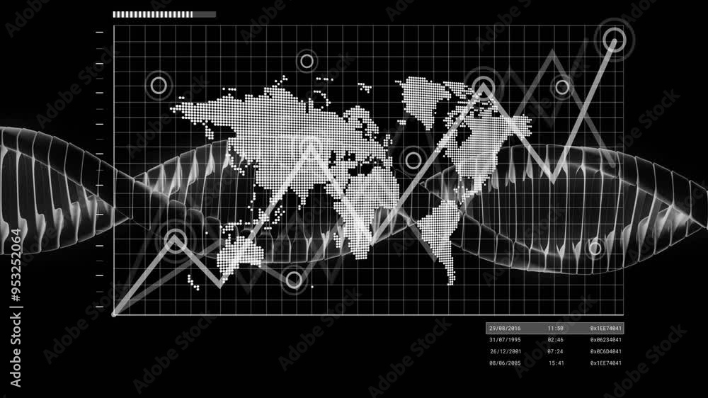 Poster world map with data points and dna strand animation over grid background