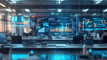 Modern Office with Holographic Data Analytics Display