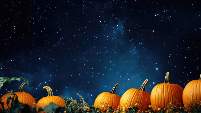 halloween background with a pumpkin patch under a dark, starry sky, high quality image
