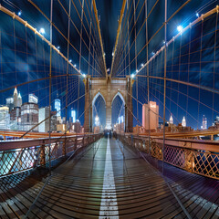 Obraz premium Panoramic view of the iconic brooklyn bridge illuminated at night with tourists walking on it and the city skyline in the background
