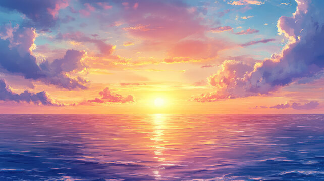 breathtaking horizon at sea during sunset, anime scene, detailed hyper realistic image
