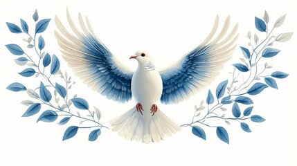 Obraz premium Dove of Peace: A white dove with outstretched wings, symbolizing peace, hope, and new beginnings, surrounded by delicate blue foliage. 