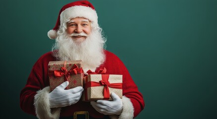 Naklejka premium Cheerful Santa Claus holding colorful presents against a green backdrop during the holiday season