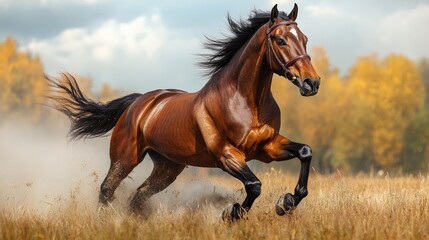 Bay Horse Galloping Through a Field of Golden Grass: A majestic bay horse with a flowing mane and tail bursts through a field of golden grass, kicking up dust as it gallops with power and grace. Captu