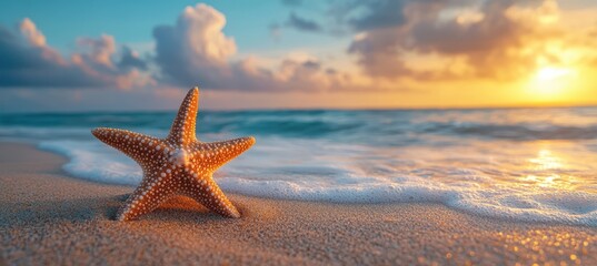 Fototapeta na wymiar Starfish on golden sand at sunset with blurred sea background