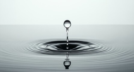 Water droplet creating ripples in a still surface against a minimalist background