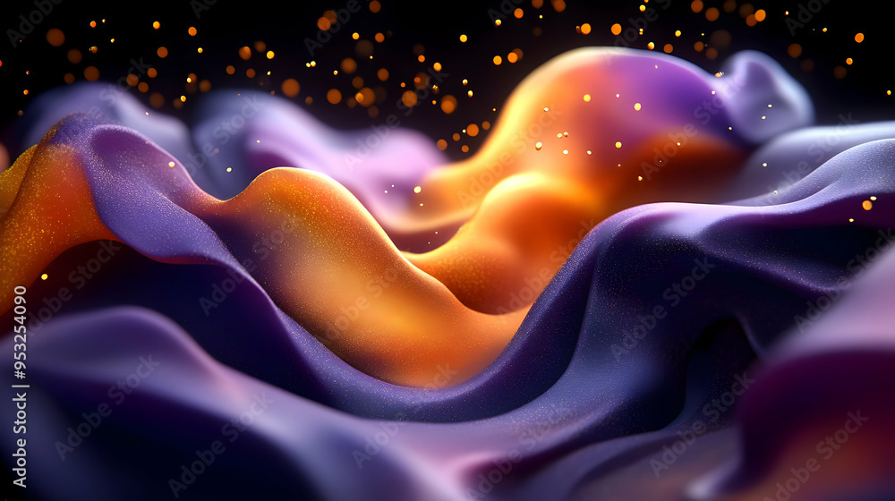 Poster abstract purple and orange wave with floating particles.