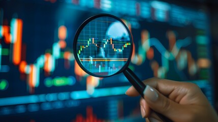Magnifying glass over a stock market graph, financial data analysis and business