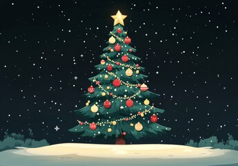 Obraz premium A beautifully decorated Christmas tree illuminated with colorful ornaments during winter nights