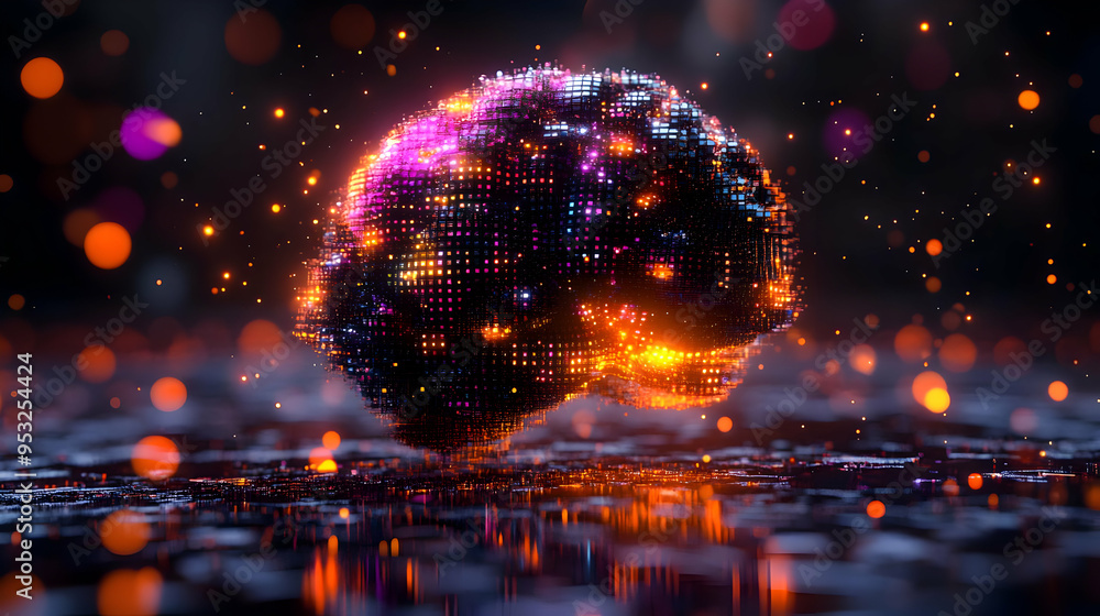 Poster abstract sphere with glowing particles on a dark background.
