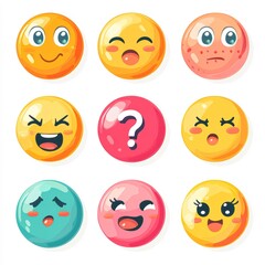 Fototapeta premium Set of cute, colorful emoji faces representing various emotions and expressions, ideal for use in digital communication, social media, and marketing materials to convey feelings vividly,