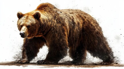 Obraz premium Majestic Grizzly Bear in Watercolor Style: A powerful brown bear strides through the snow with a sense of purpose and strength. The watercolor effect creates a sense of motion and depth, highlighting 
