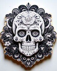 A detailed black and white sugar skull design with floral and ornate patterns, perfect for Day of the Dead-themed projects, tattoo inspiration, or artistic prints,
