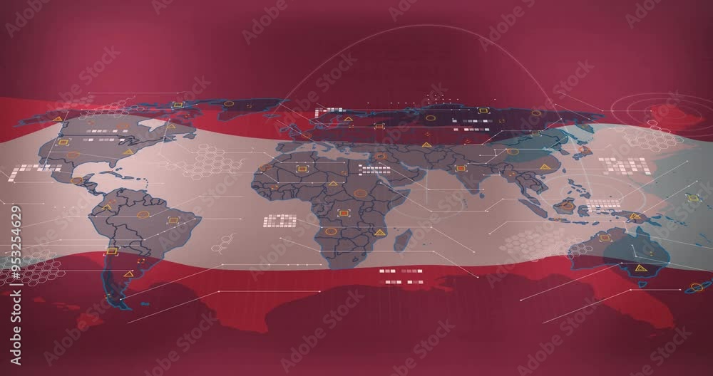 Poster World map with data points and connections animation over red background