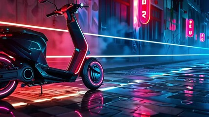 Futuristic electric scooter parked in a neon-lit city street.