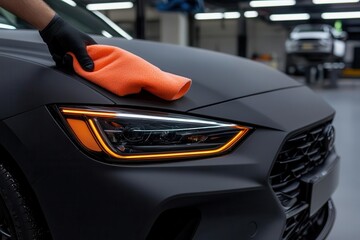 Close-up of car headlights being cleaned with foam and a soft cloth, highlighting the care and precision, car washing, headlight cleaning