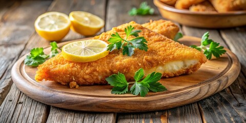 Gourmet Crispy Golden Delight: Freshly fried breaded fish fillet on rustic wooden plate with lemon wedges and parsley garnish, warm natural light, shallow focus.