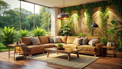 "Harmonious mismatch of velvety sectional sofa, reclaimed wood coffee table, and minimalist floor lamp, amidst lush greenery, warm golden light, and cozy neutral tones evoke conversational comfort"