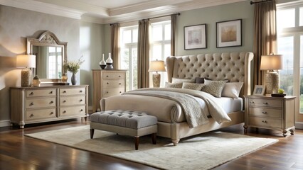 Lavish retreat serene ambiance Costco bedroom set luxurious velvet tufted headboard warm beige tones soft daylight romantic silhouettes elegant lines classic sophistication.