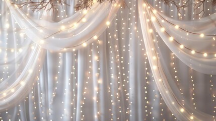 White sheer curtains with fairy lights for a magical and romantic backdrop.