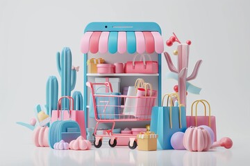 Fototapeta premium 3D illustration of online shopping via smartphone app