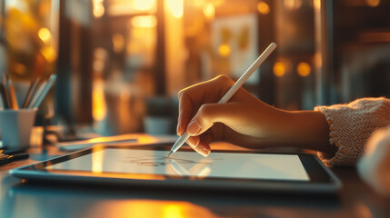 Obraz premium Hand drawing on a digital tablet in a warm, creative workspace illuminated by golden hour lighting