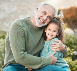 Hug, portrait and smile of girl with grandfather in garden of home together for bonding or visit....