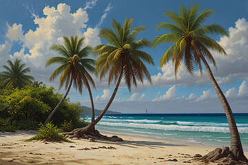 Obraz premium Serene Coconut Tree Beach Landscape Towering Palms and Golden Sand Beside a Turquoise Ocean in a Tropical Outdoor Setting