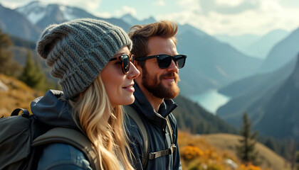Smiling couple hikers posing in front of mountain scenery