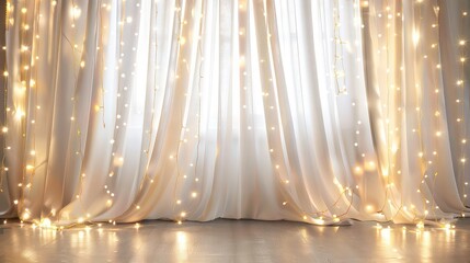 White sheer curtains with warm white fairy lights.