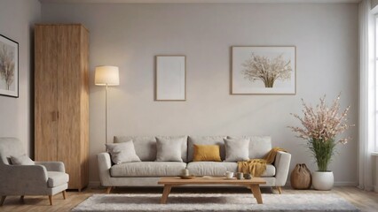 A modern living room with matching furniture theme set and decorative items 3d illustration. An empty wall and art frame mock-up template on the wall.