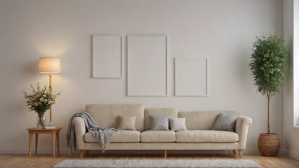 A modern living room with matching furniture theme set and decorative items 3d illustration. An empty wall and art frame mock-up template on the wall.