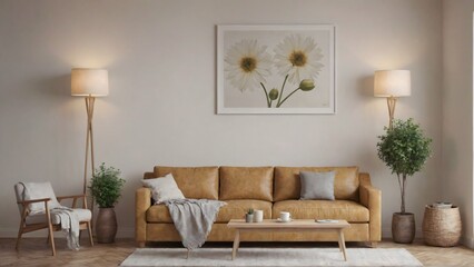 Fototapeta premium A modern living room with matching furniture theme set and decorative items 3d illustration. An empty wall and art frame mock-up template on the wall.